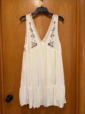 Unlisted White Sleeveless V-Neck Dress with Multi-Color Floral Embroidery